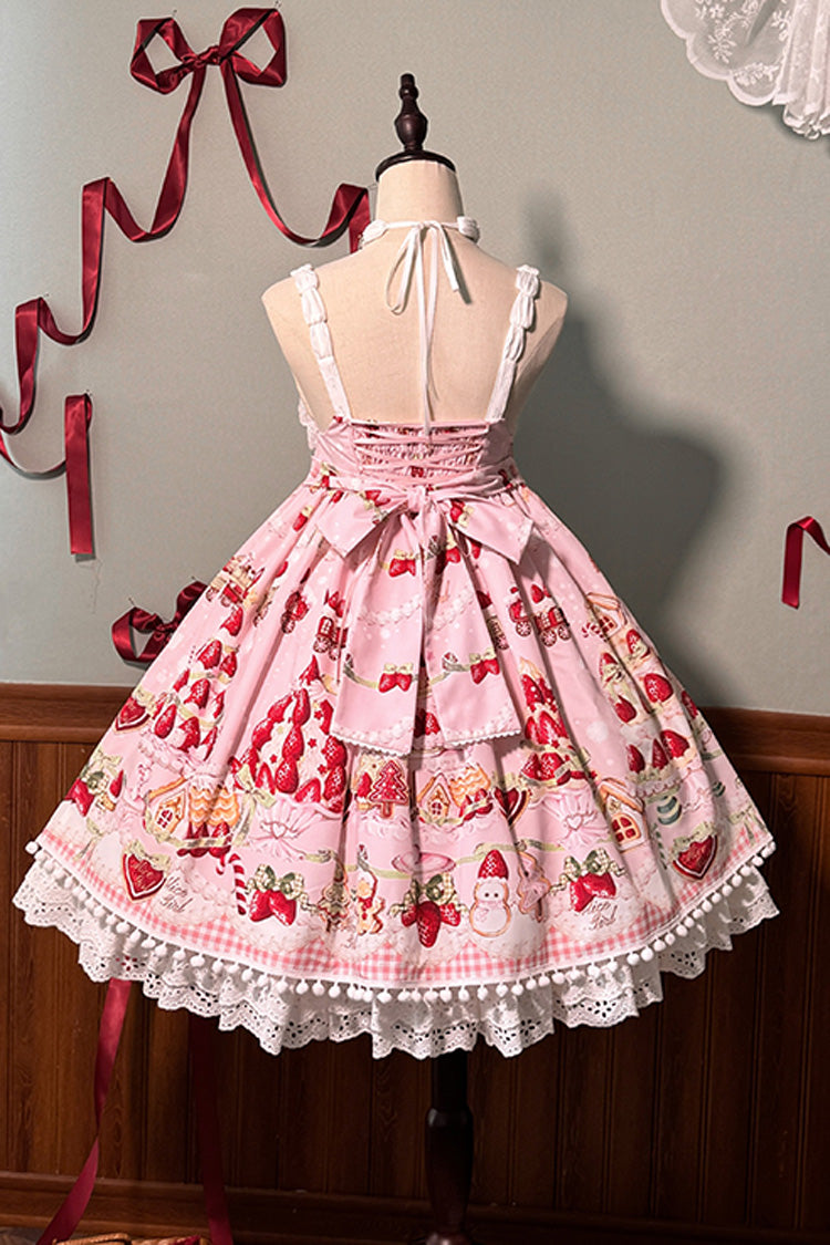 High Waisted Ruffle Bowknot Sweet Lolita JSK Dress with Strawberry Dessert Print - 4 Colors
