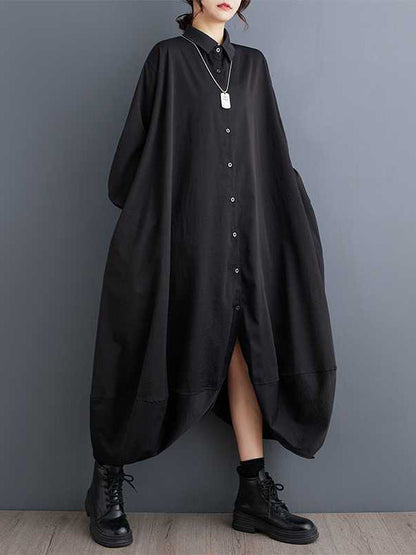 Stylish Black Lapel Buttoned Pockets A-Line Petal Hem Long Sleeve Shirt Dress TW015