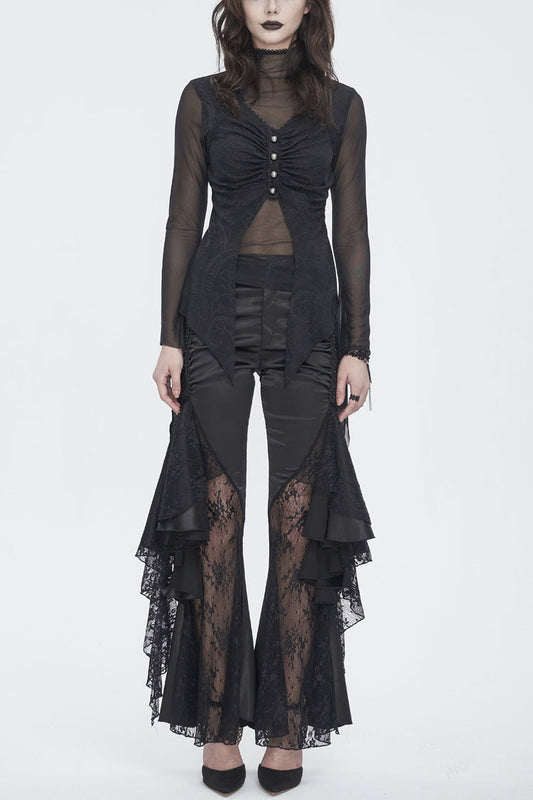 Gothic Women's Shirt with Mesh Ruffled Long Sleeves in Black Jacquard