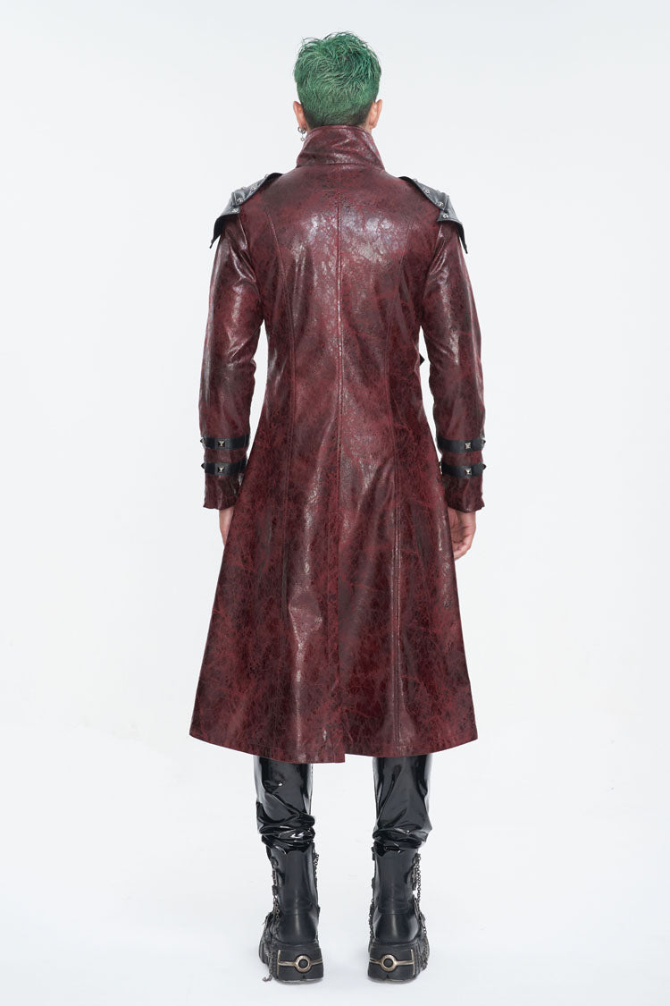Crimson High-Neck Punk Leather-Look Long Coat with Multiple Buckles