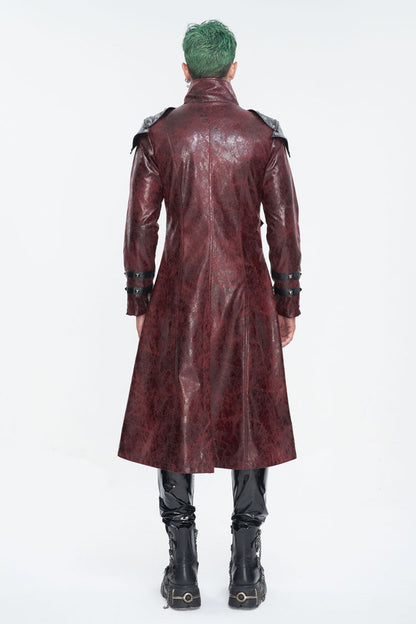 Crimson High-Neck Punk Leather-Look Long Coat with Multiple Buckles