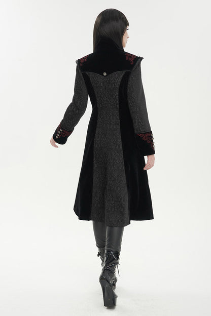 Embroidered Metal Cross Mushroom Buckle Studded Gothic Women's Coat in Black Jacquard