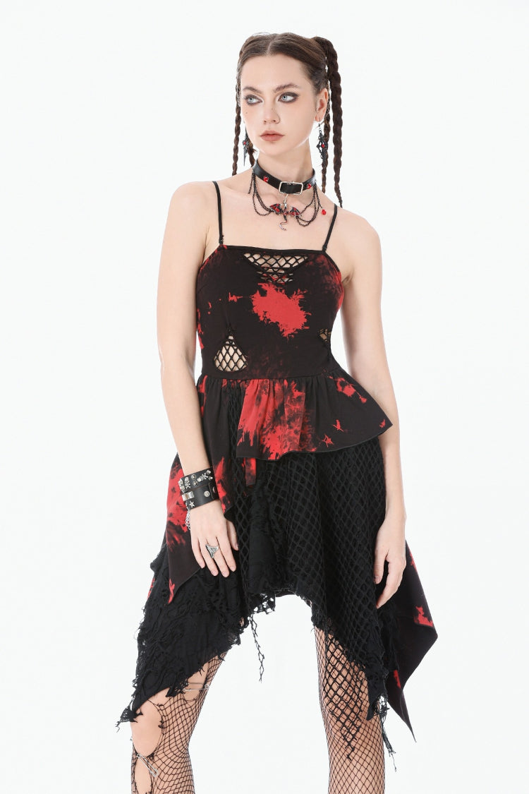 Crimson & Obsidian Sleeveless Irregular Mesh Tie Dye Punk Slip Dress