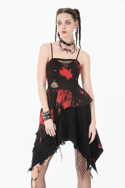 Crimson & Obsidian Sleeveless Irregular Mesh Tie Dye Punk Slip Dress