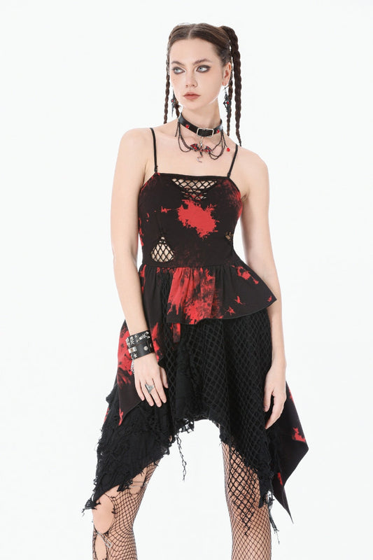 Crimson & Obsidian Sleeveless Irregular Mesh Tie Dye Punk Slip Dress