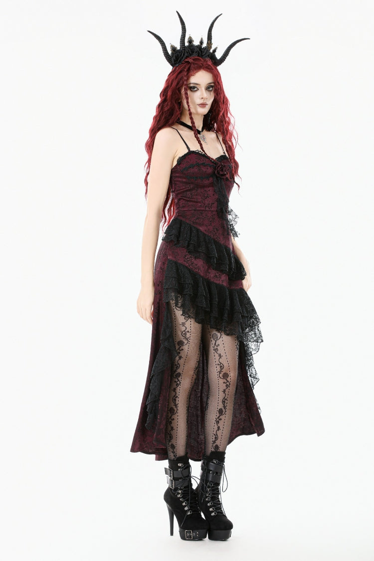 Crimson & Charcoal Rose Layered Tulle Ruffled Goth Evening Gown