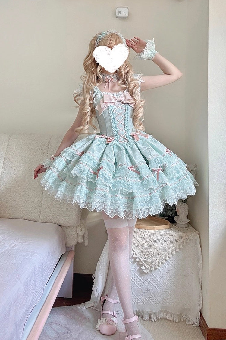 Emerald Sleeveless Ruffle Bow Lace Lace-Up Sweet Elegant Lolita Jumper Dress