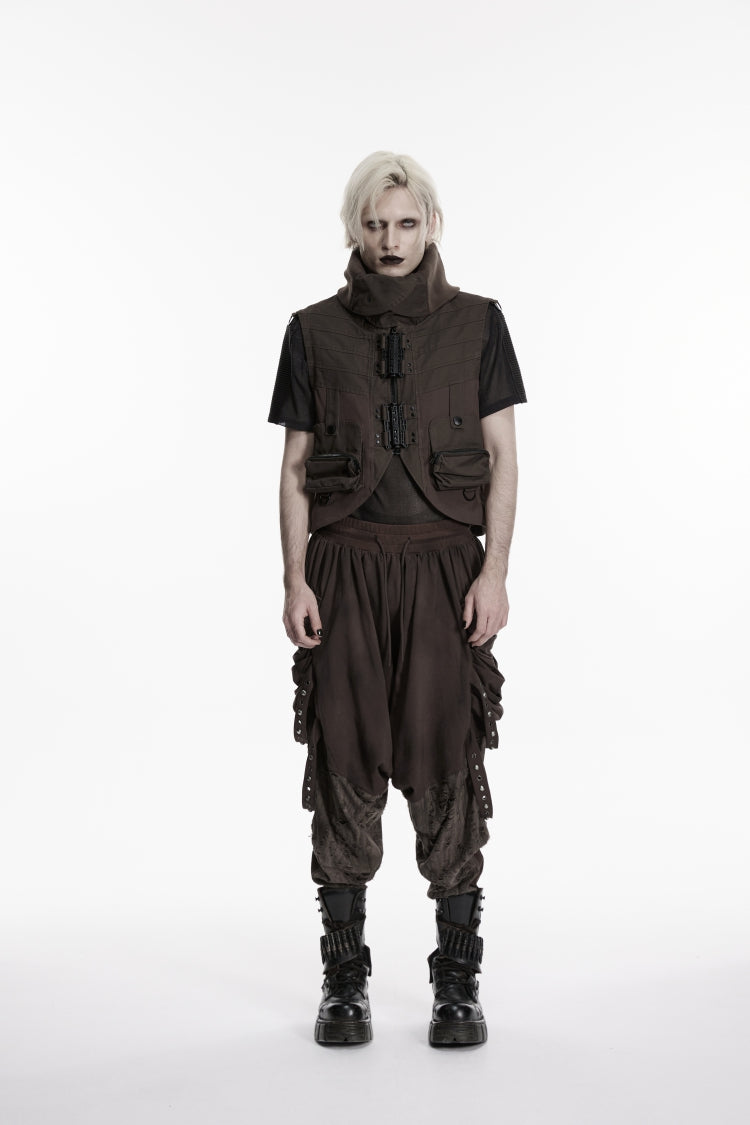 Men's Black Punk Vest, Convertible Collar with Patch Pockets