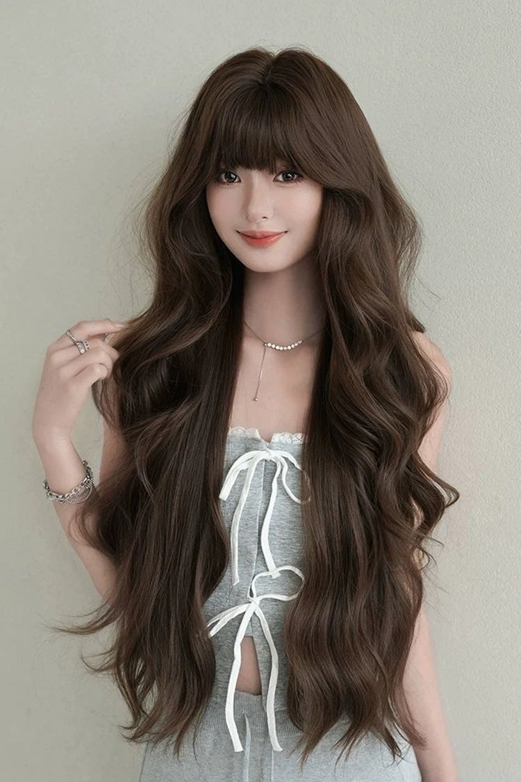 Fluffy Extra Long Loose Wave Sweet Lolita Wig with Full Bangs in Morandi Tea Brown