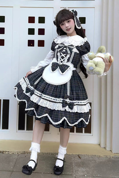 Emerald Gingham Petal Bunny Short-Sleeve Ruffled Bow OP Dress