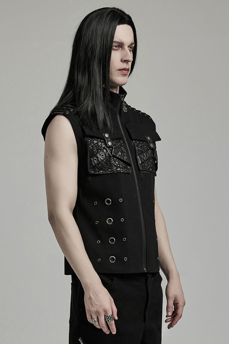 Slim-Fit Black Gothic Vest, Mandarin Collar with Stitch Detailing for Men