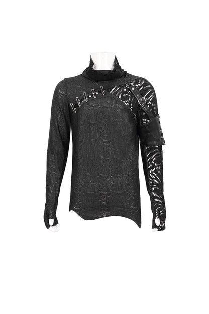 Men's Punk Tee with Printed Fabric, Ripped Mesh and Detachable Long Sleeves