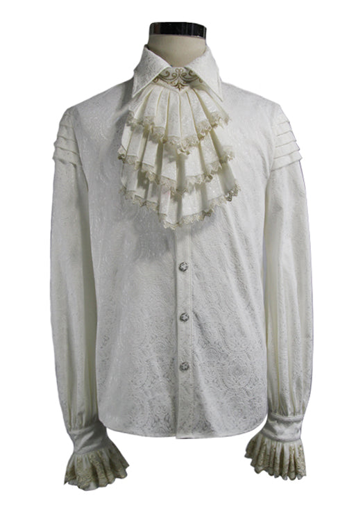 Gothic Men's Blouse with Embroidered Ruffled Sleeves & Jacquard Detail, Cream