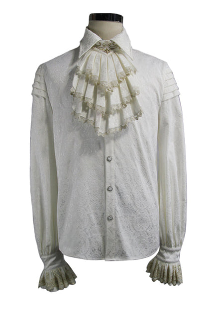 Gothic Men's Blouse with Embroidered Ruffled Sleeves & Jacquard Detail, Cream
