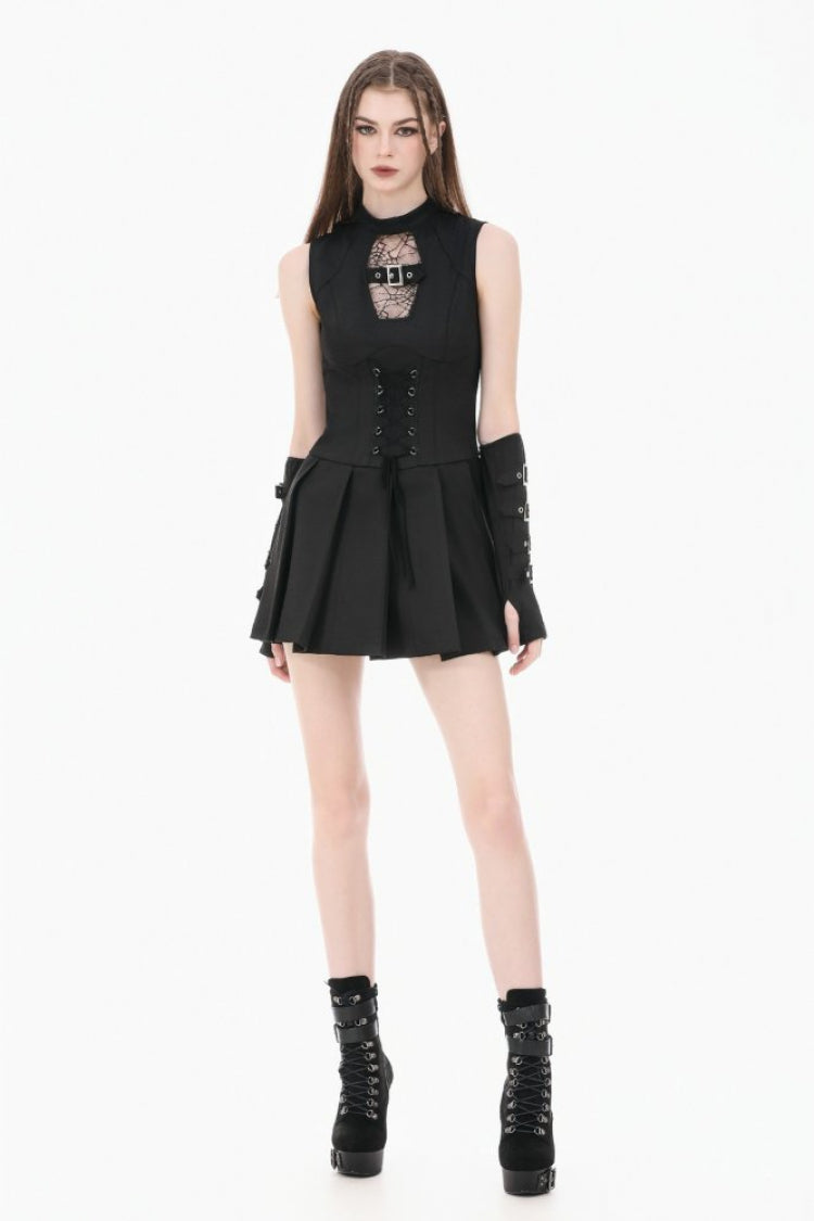 No-Sleeve Cobweb Sheer Mesh Lace-Up Punk Mini Dress