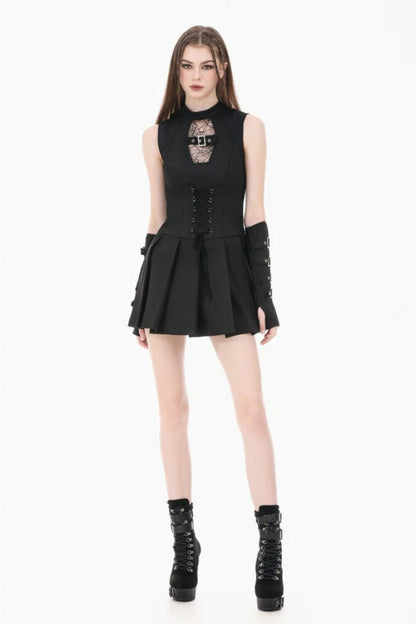 No-Sleeve Cobweb Sheer Mesh Lace-Up Punk Mini Dress