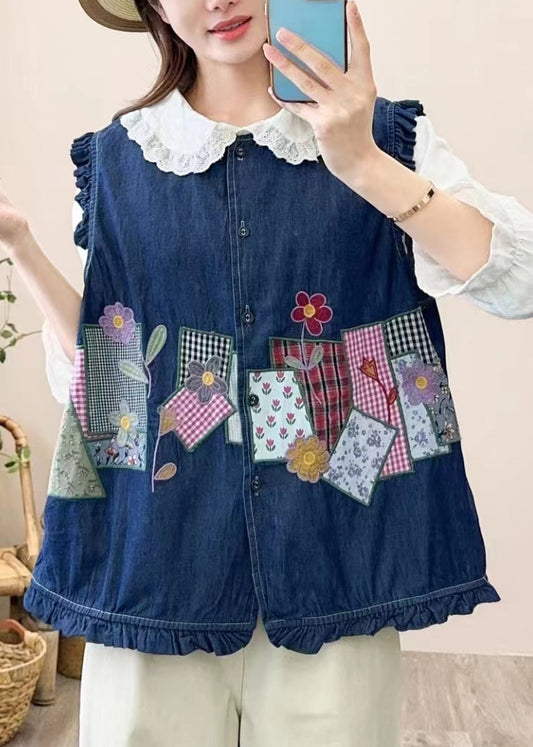 Gilet sans manches à boutons en patchwork brodé bleu marine mignon NN038 