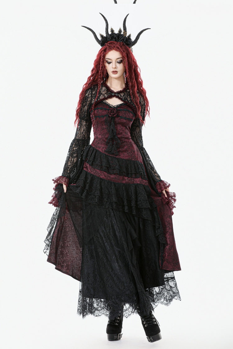 Crimson & Charcoal Rose Layered Tulle Ruffled Goth Evening Gown