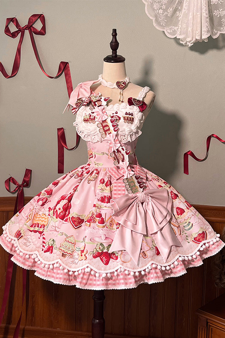 Natural Waisted Ruffle Bowknot Sweet Lolita JSK Dress with Strawberry Dessert Print - 4 Colors