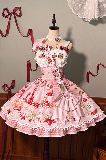 Natural Waisted Ruffle Bowknot Sweet Lolita JSK Dress with Strawberry Dessert Print - 4 Colors