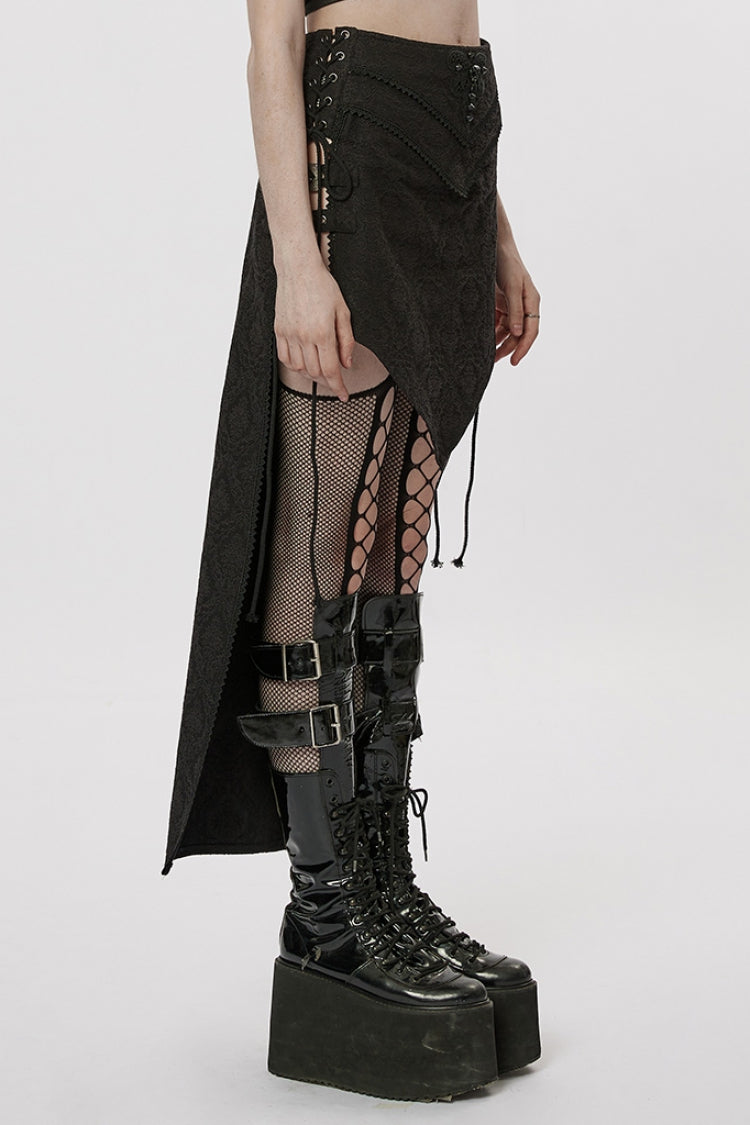 Steampunk Irregular Skirt with Black Jacquard Butterfly Embroidery and Lace