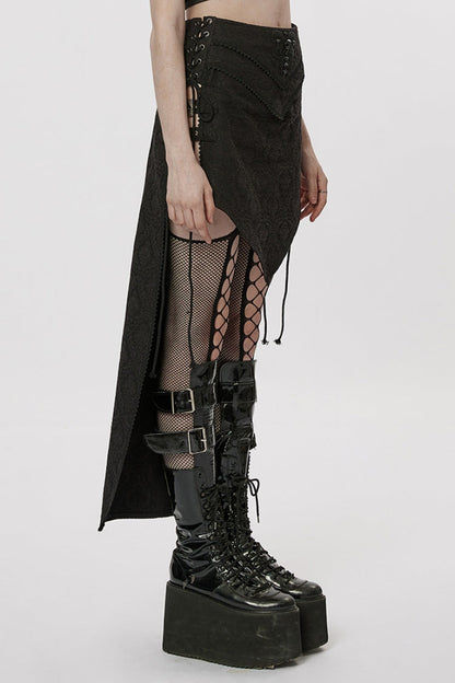 Steampunk Irregular Skirt with Black Jacquard Butterfly Embroidery and Lace