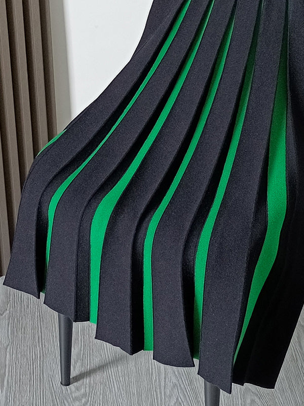 A-line Pleated Retro Skirt Knit Contrast White Color