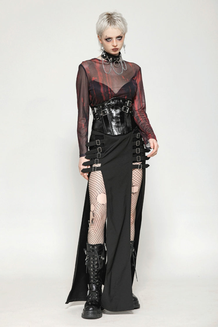 Crimson & Obsidian Round Collar Long Sleeves Sheer Mesh Tie-Dyed Versatile Basic Top