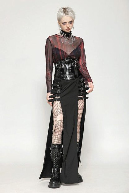 Crimson & Obsidian Round Collar Long Sleeves Sheer Mesh Tie-Dyed Versatile Basic Top