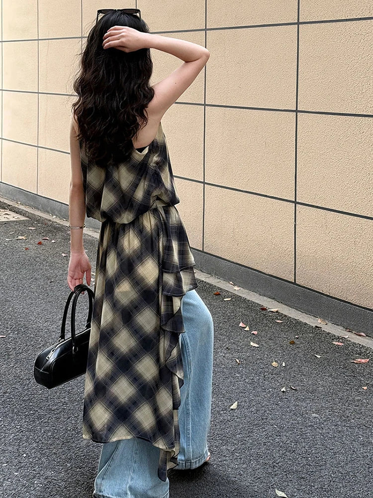 Asymmetric Khaki Plaid Neck Sleeveless Top High-Low Uniaue Halter