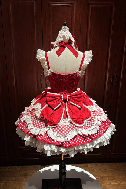 Crimson Halterneck Sweet Lolita JSK Set with Polka Dots and Ruffles