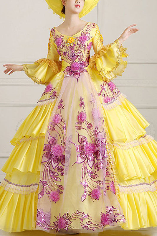 Half Princess Sleeve High Waist Lace Hollow Embroidery Floral Victorian Gown