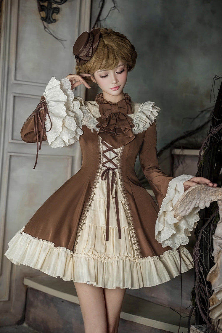 Nutcracker Stand Collar Trumpet Sleeve Lolita Dress Set with Bow - Lace-Up