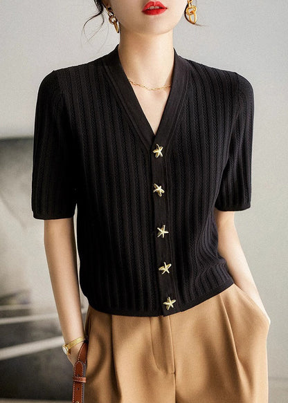 Neck Shirt Summer Knit Silm Black V Fit Style