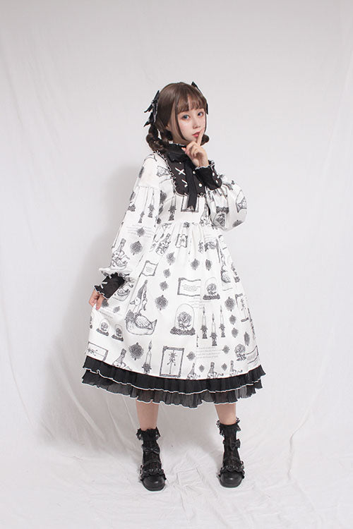 Ivory Pious Duck Print Long-Sleeve Bow Sweet Lolita OP