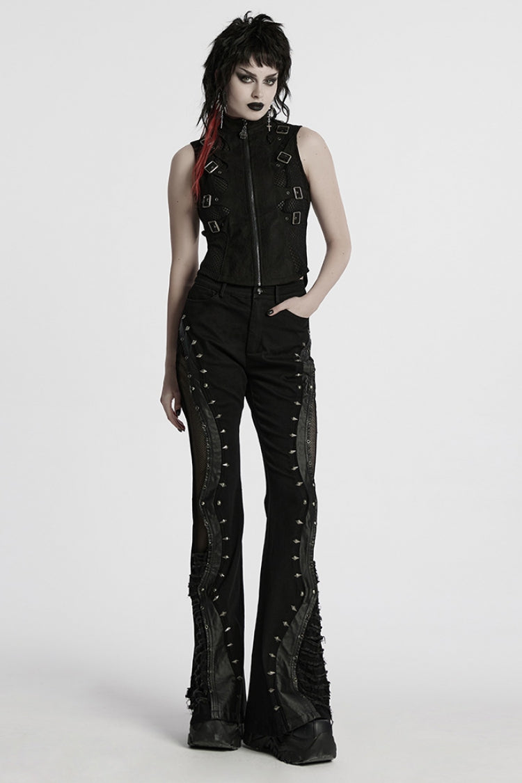 Women's Black Punk Vest, Mesh with Buckle and Stitched Collar