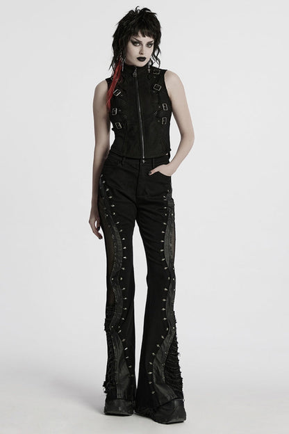 Women's Black Punk Vest, Mesh with Buckle and Stitched Collar
