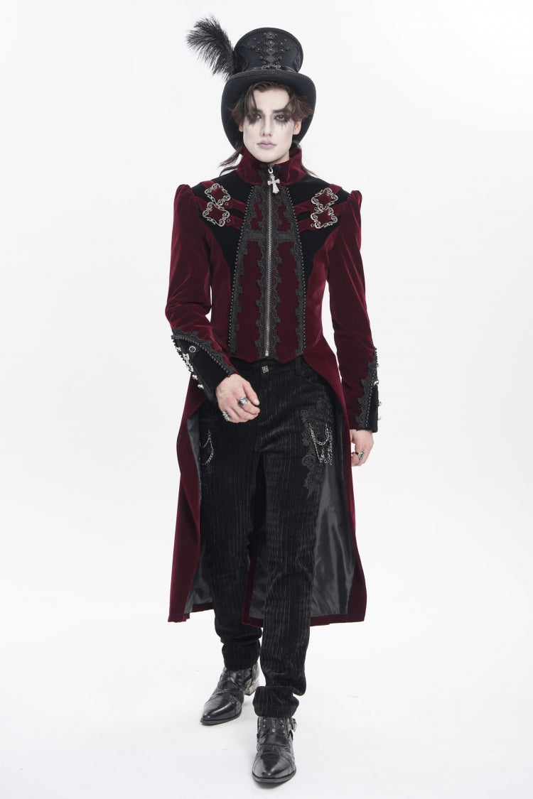 Crimson High-Neck Gothic Palace Jacket with Color Block and Embroidery