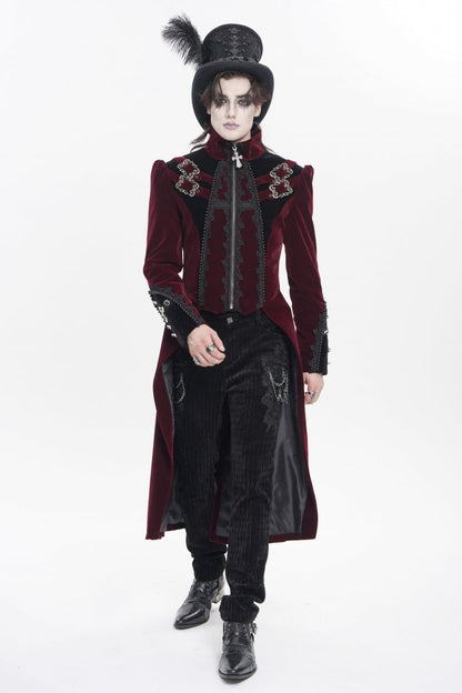 Crimson High-Neck Gothic Palace Jacket with Color Block and Embroidery