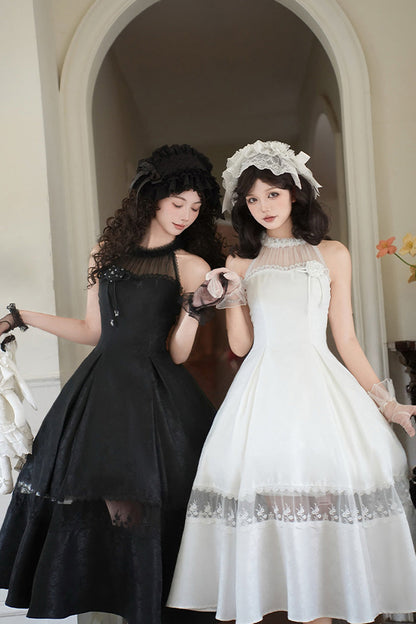 Elegant Lolita Dress with Off-Shoulder Neckline and Ruffle Print in Black