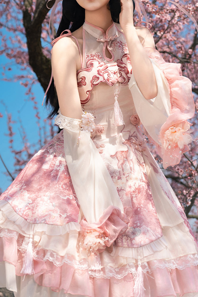 Blush Multi-Layered Print Ruffle Bow Chinese Style JSK - Flower Feast
