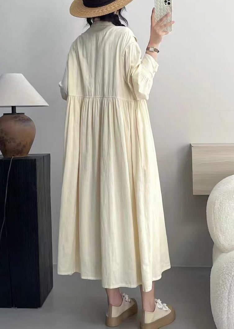 Elegant Beige Wrinkled Button Cotton Dresses Long Sleeve NN028