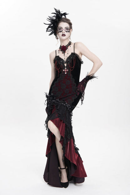 Crimson & Obsidian Sleeveless Cross Ruffled Floral Embroidered Chain-Decorated Gothic Long Slip Dress