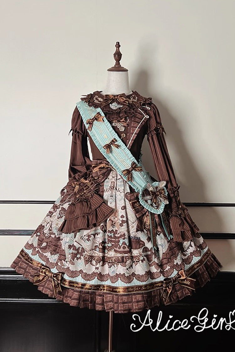 Teddy Bear Chocolate Ruffle Bow Sweet Lolita JSK Dress - Sleeveless Print
