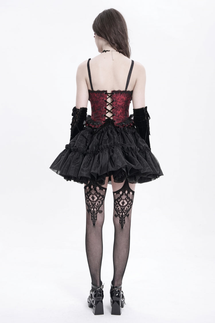 Crimson Gothic Tank Top with Lace-Up Embroidery and Ruffle Trim