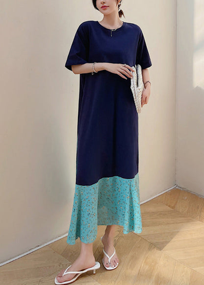 Robe longue à imprimé patchwork bleu marine à manches courtes en deux pièces TT1041 