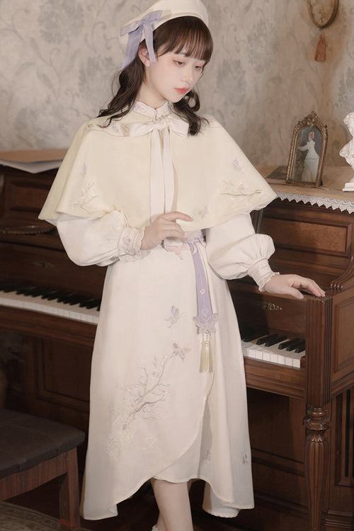 Classic Lolita OP Gown Full Set with Butterfly Embroidery, Ruffled Lantern Sleeves