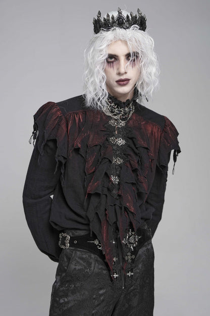 Crimson & Obsidian Stand Collar Long Sleeves Ruffled Plunging Gothic Shirt