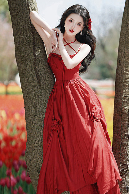 Crimson Classic Lolita JSK Dress with Double-Layered Ruffles and Rose Motif