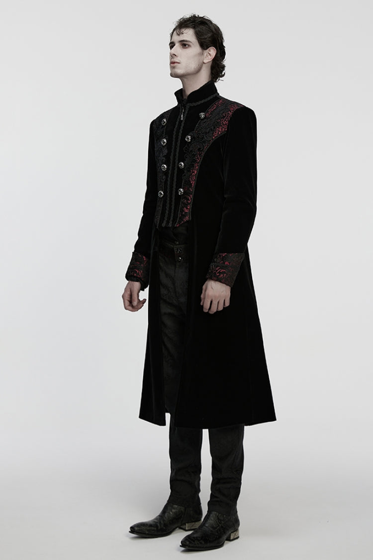 Crimson & Obsidian Stand Collar Long Sleeves Floral Jacquard Double-Breasted Zipper Gothic Coat